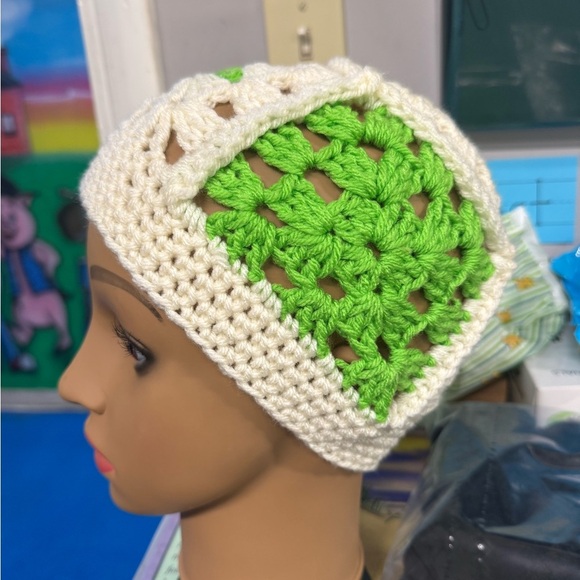 Cream & Green Crochet Beanie Hat made to order - Picture 3 of 8